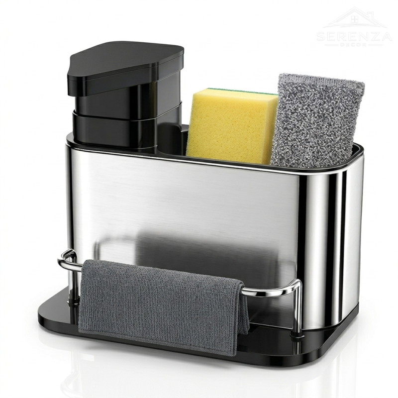 Dispenser em Inox — Porta Detergente, Esponja e Bucha