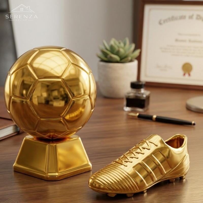 Kit Decoração Dourado — Troféu Bola de Ouro + Chuteira Metalizada