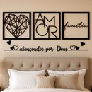 Kit 3 Quadros Cabeceira Família Coração Geométrico Amor + Frase de Parede Variados Sala + 2 Mini aplique coração