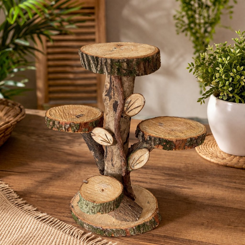 Base Madeira Rústica 40cm Suporte para Vasos 4 Suportes Jardim Decoração Natural Tronco